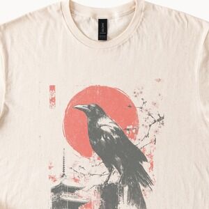 Asian Inspired Crane Graphic Tee with Pagoda and Blossoms